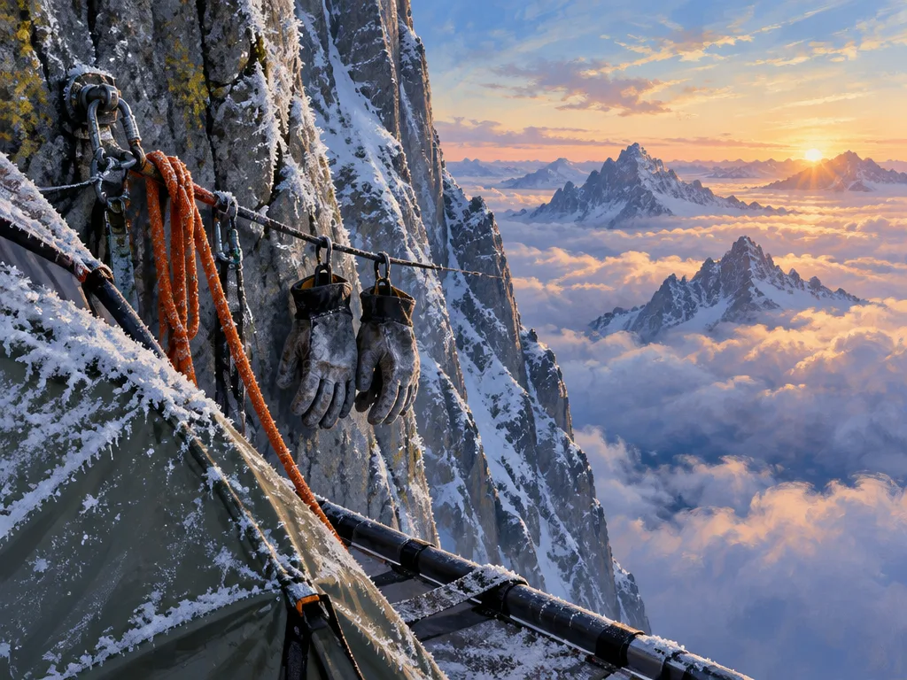 Fajar setelah badai dari portaledge: sarung tangan menggantung di tali, tali oranye di jangkar, lautan awan keemasan di bawah