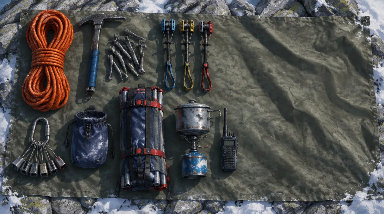 Isi haul bag Kaia di atas terpal, dilihat dari atas: gulungan tali oranye, palu dan piton, tiga cam, ring nut, kantong kapur, portaledge terlipat, kompor dengan panci, dan radio