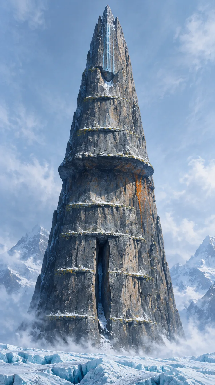 Dinding selatan Cruxspire: jarum granit tegak dari gletser berceloh biru sampai puncak runcing, dengan ledge, cerobong, atap, dan aliran es tipis